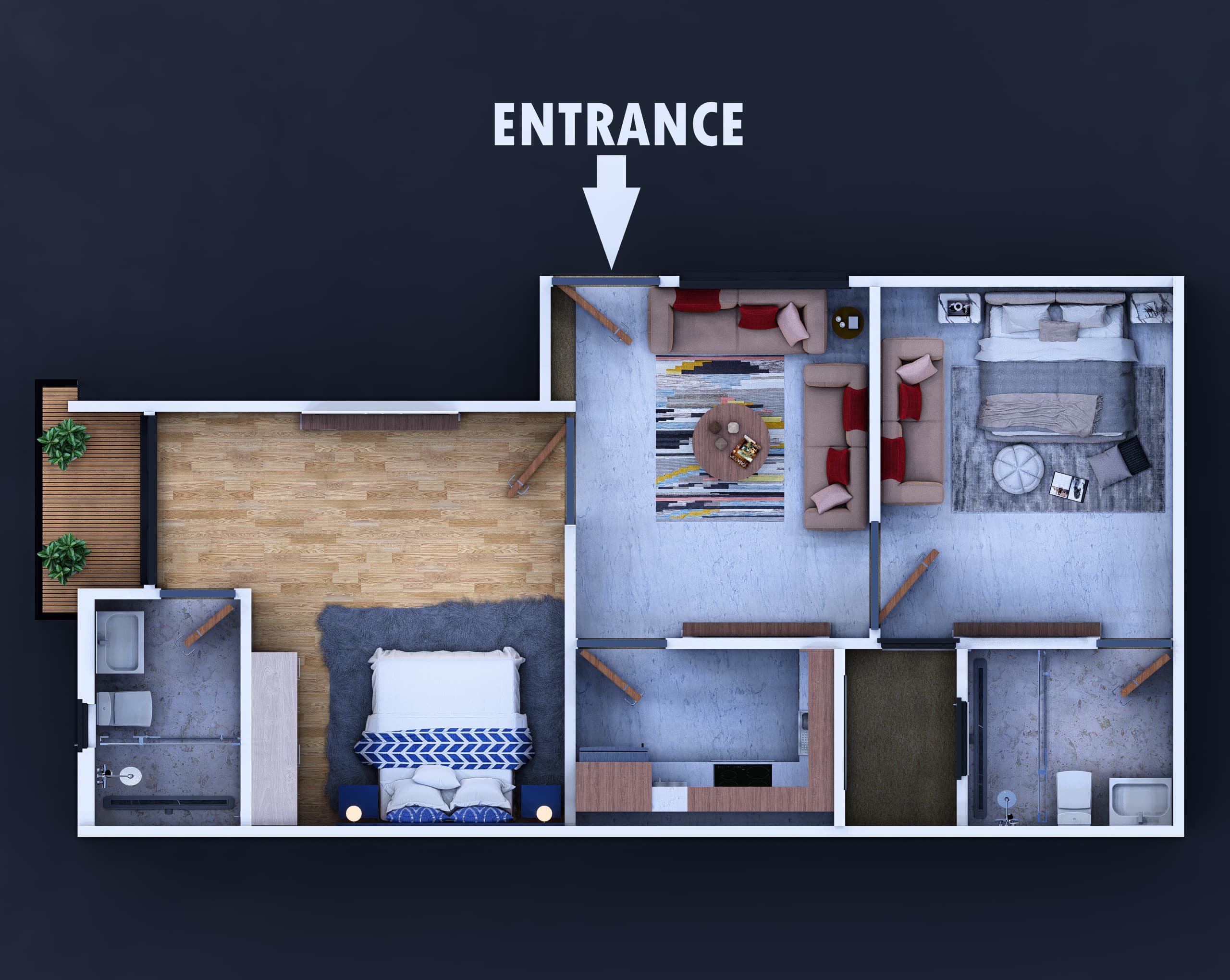 750 sqft apartment — isometric render